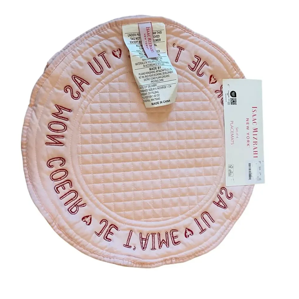 Isaac Mizrahi Valentine Quilted Placemats 15in Je T'aime Pink & Red Set of 4 New